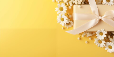 Gift banner frame, photo of a pastel yellow color gift with a white ribbon with flowers on the pastel yellow color background, matte texture