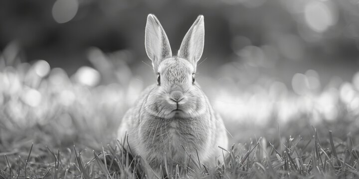 A black and white photo of a rabbit in the grass. Suitable for nature-themed designs