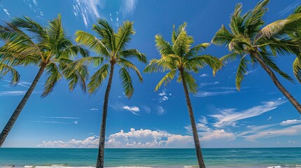 A serene tropical escape  Summer palm trees sway gently over a pristine beach under a clear blue sky, embodying the ultimate vacation vibe