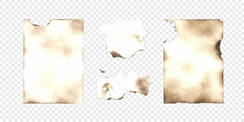 Burnt paper isolated on transparent background. Set of burnt pages with jagged edges. Vector