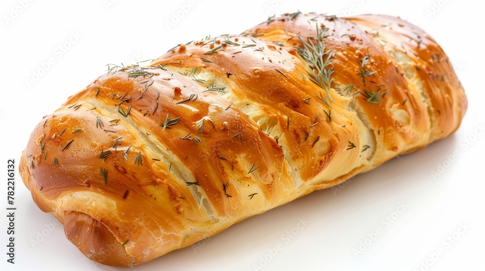 Poster isolated on white background. studio photograph of a single loaf of roll with meat. close-up.