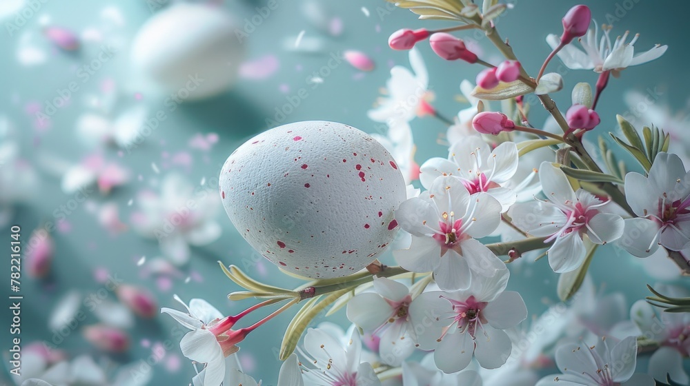 Poster Close up of a white egg resting on a tree branch. Suitable for nature and Easter concepts