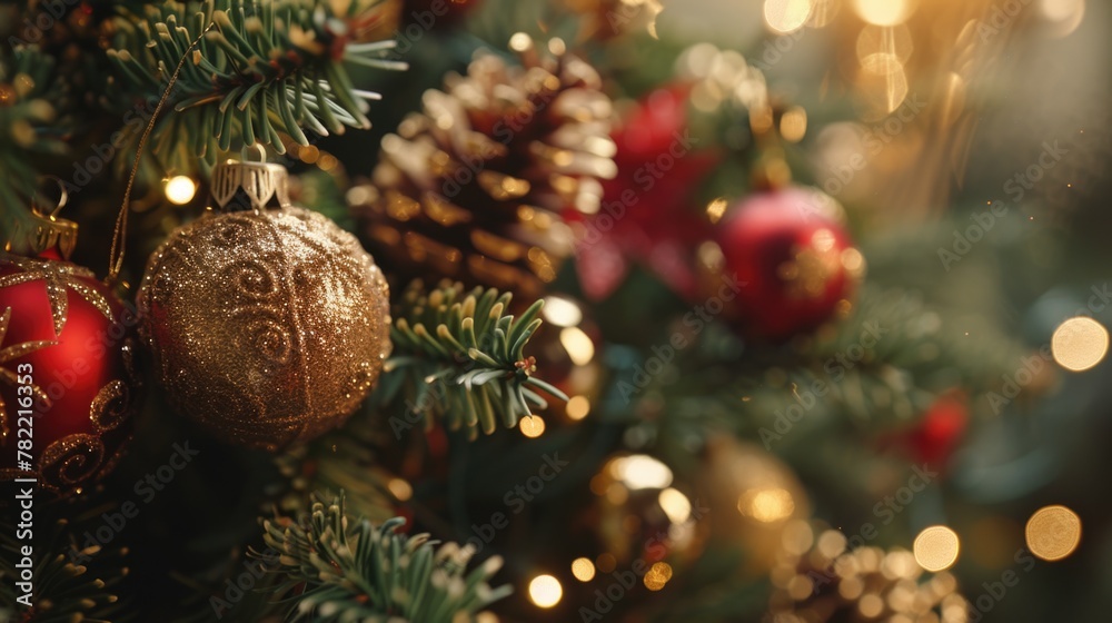 Poster a close-up view of a christmas tree with festive ornaments. perfect for holiday concepts