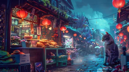 Fotobehang A dreamy night market where animals trade snacks and stories © ปรัชญา ตอพรม ตอพรม