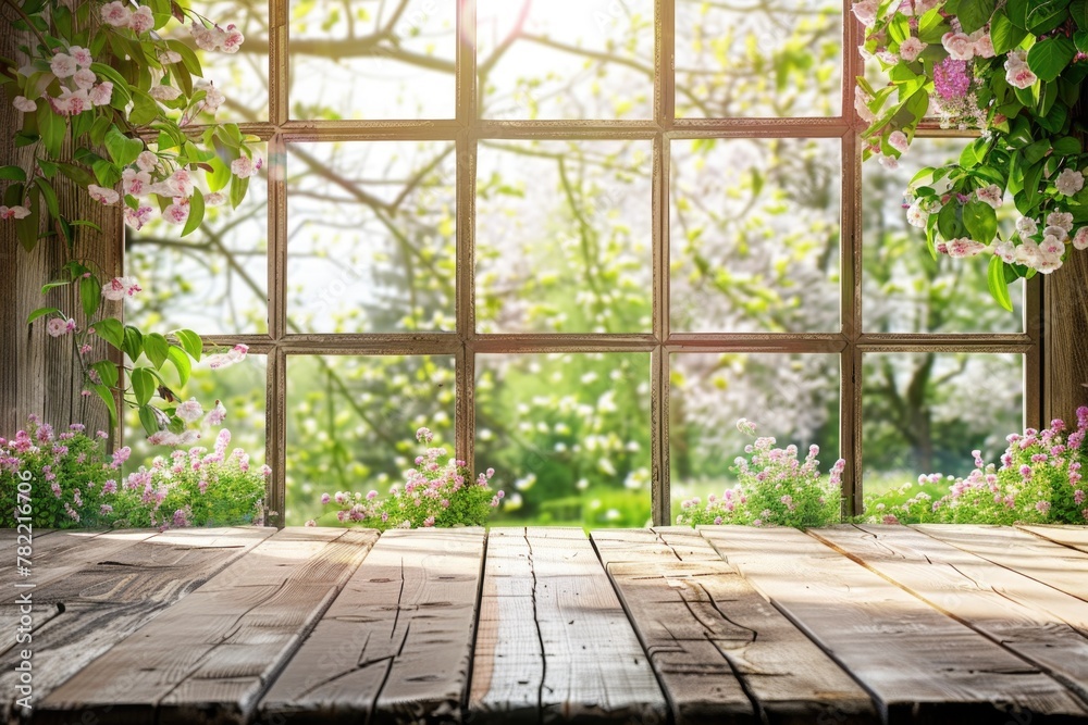 Poster An empty wooden table in front of a window. Suitable for home decor or interior design concepts