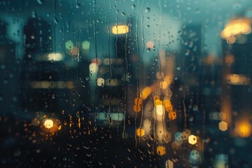 Urban scene seen through rain-streaked window, suitable for weather or cityscape concepts - obrazy, fototapety, plakaty