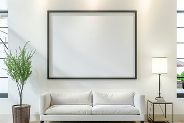 Frame mockup, ISO A paper size. Living room wall poster mockup. Interior mockup with house background. Modern interior design. 3D render
