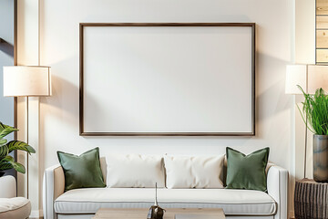 Frame mockup, ISO A paper size. Living room wall poster mockup. Interior mockup with house background. Modern interior design. 3D render
