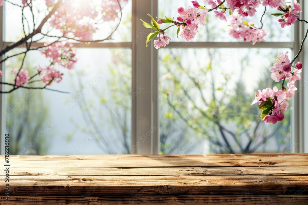 Poster a simple wooden table with pink flowers in front of a window. ideal for home decor or gardening conc