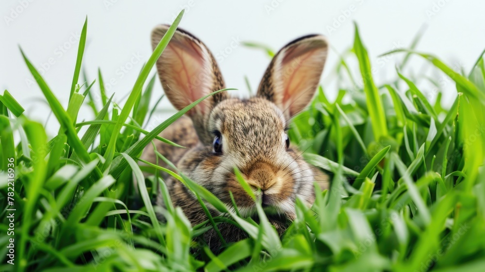 Sticker A small rabbit sitting peacefully in the grass. Suitable for nature and animal themes