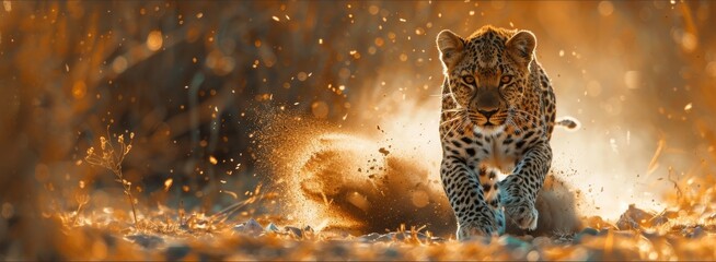 Leopard approaching with dust in the background.