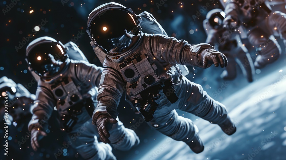 Poster Group of astronauts floating in space, suitable for science fiction projects