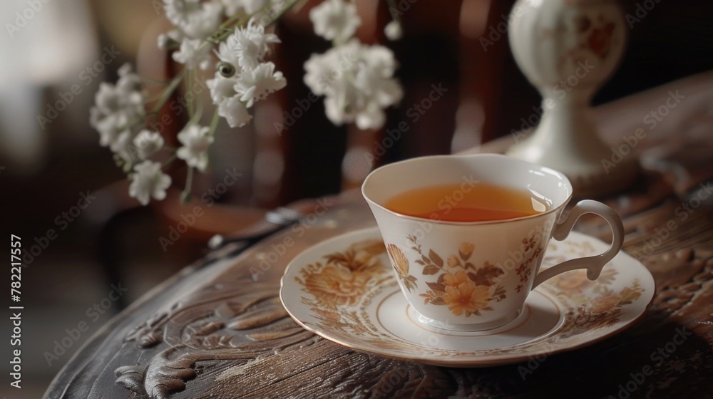 Poster a cup of tea on a saucer resting on a table. suitable for various lifestyle and relaxation concepts