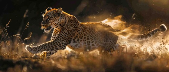Leopard approaching with dust in the background.