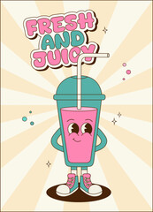 Retro groovy poster, card, banner with cute drink character. Cartoon mascot. Perfect for delivery, cafe, restaurant