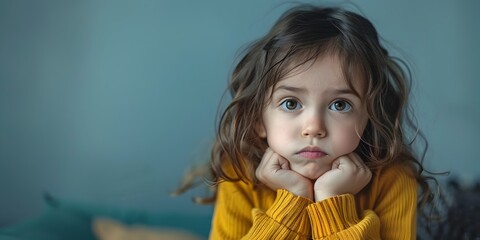 Naklejka premium Pensive Child Character Biting Lip in Deep Fervent Focus on Cozy Indoor Studio Portrait
