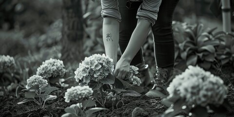 A woman in black and white picking flowers. Suitable for nature and lifestyle concepts - obrazy, fototapety, plakaty