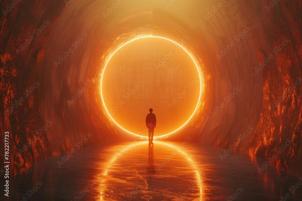 Poster A person standing in a tunnel with a light shining at the end. Suitable for concepts of hope and new beginnings