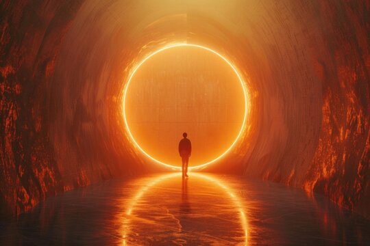 A person standing in a tunnel with a light shining at the end. Suitable for concepts of hope and new beginnings