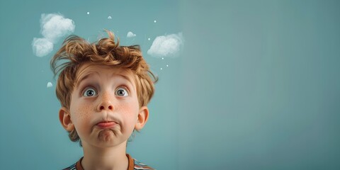 Perplexed child character with scrunched face in humorous whimsical digital art style with copy space