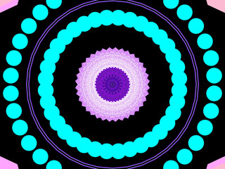 Vibrant shades of blue and purple form a digital fractal pattern with a circular motif, 3d, within a border