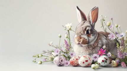 Fototapeta na wymiar A cute rabbit sitting among colorful flowers and Easter eggs. Perfect for Easter and spring-themed designs