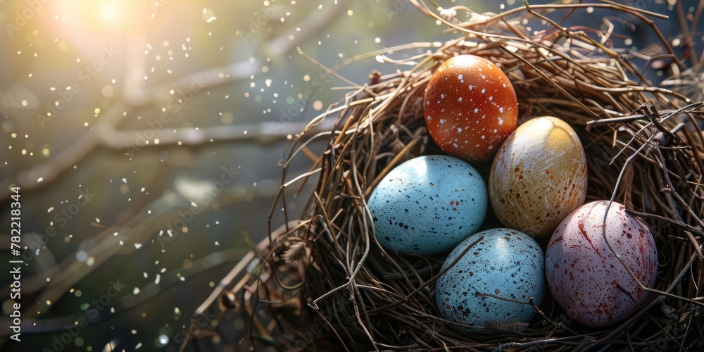 Poster a bird nest with four eggs, suitable for various nature and wildlife themes