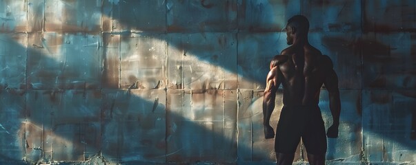 The Solitary Journey of Self Improvement Bodybuilder s Shadow Silhouette Against Grungy Gym Wall with Copy Space and Dramatic Lighting description