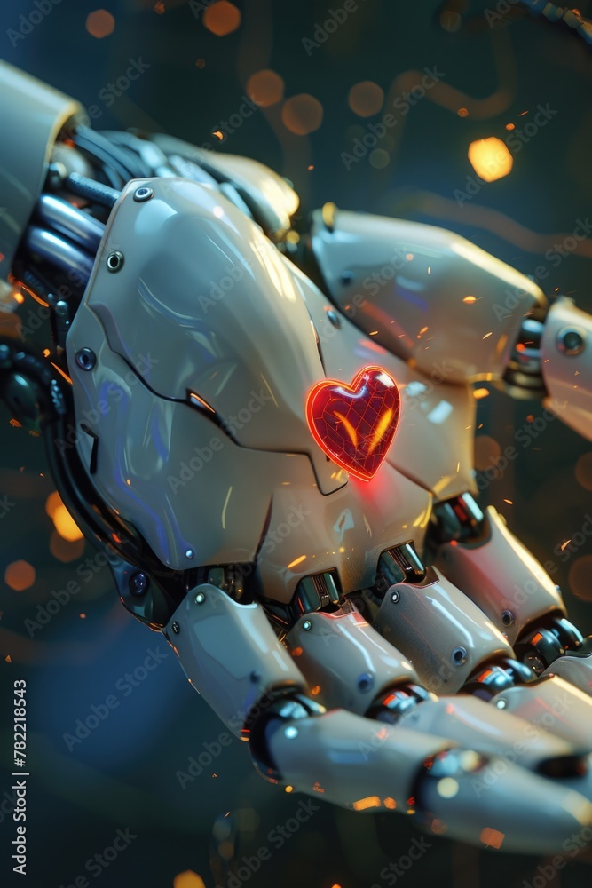 Poster close up of a robot hand with a heart design, suitable for technology and love concepts