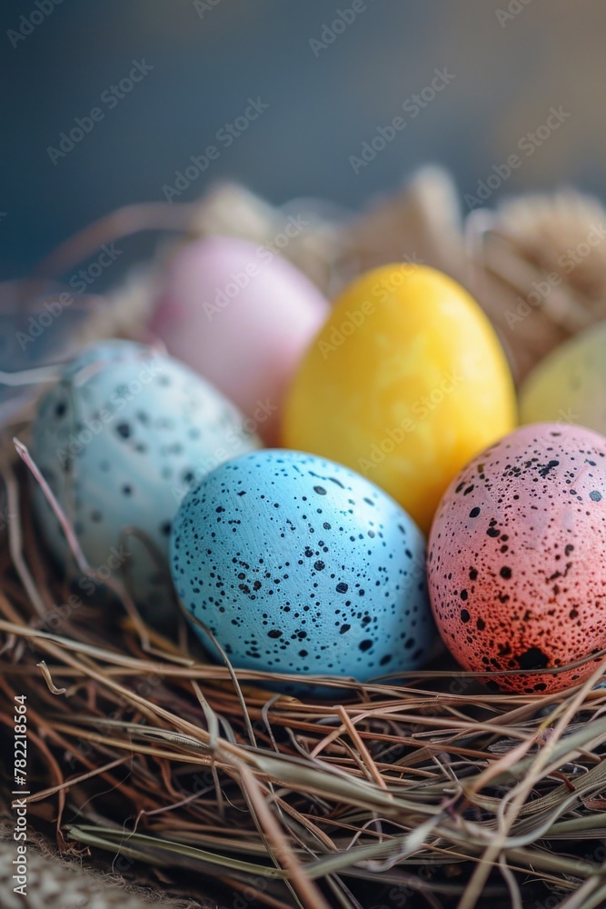 Poster a close up of a nest with eggs. perfect for illustrating new life and nature themes