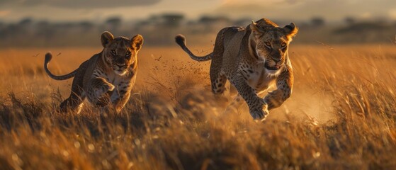 Two leopards in motion, one leaping, in a dusty savannah. - obrazy, fototapety, plakaty