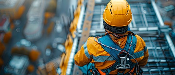 Safety at Heights: A Labor Day Tribute to Industrial Harmony. Concept Industrial Safety, Labor Day Tribute, Harmony at Work, Heights Regulations, Workplace Security