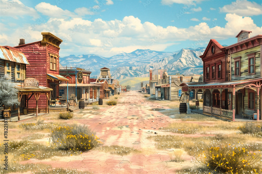 Wall mural caricature of an old western desert town. generated image. a digital illustration of a caricature of