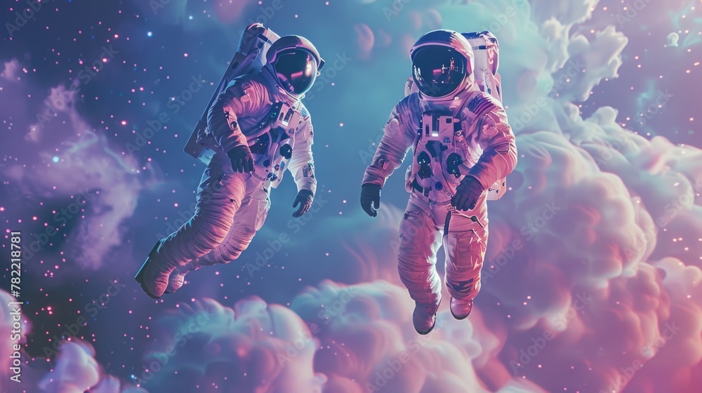 Poster two astronauts flying in the sky. suitable for space exploration concepts