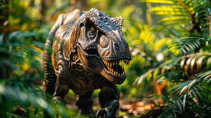 Closeup of a tyrannosaurus rex dinosaur in a tropical prehistoric jungle