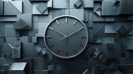Striking Futuristic Clock Amid Geometric 3D Backdrop with Sharp Angles and Minimalist Design - obrazy, fototapety, plakaty