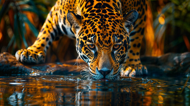 A jaguar drinking water out of a pond in the jungle