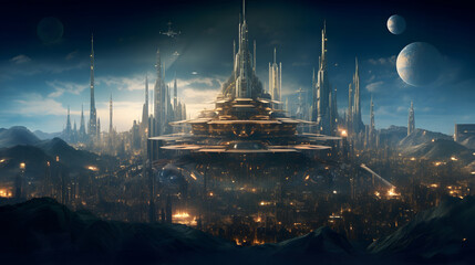 Futuristic cityscape with ethereal glow: Dystopian skyline under alien moons