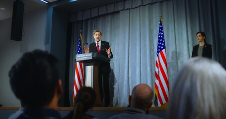 Presidential of USA candidate delivers campaign speech, answers questions, gives interview....