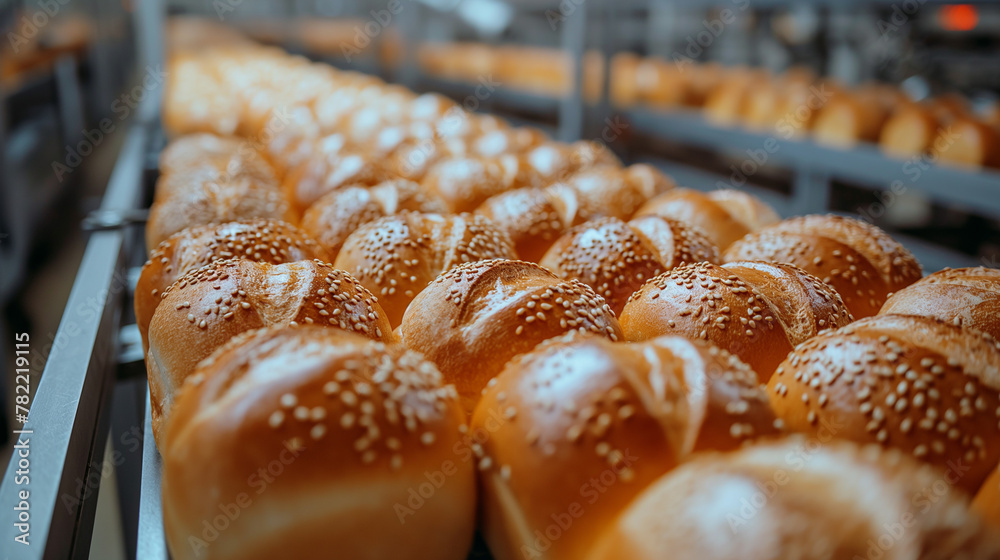 Wall mural bread on a conveyor belt in a bread factory.