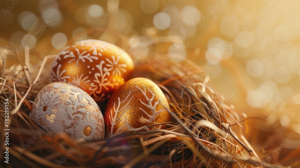 Poster close-up shot of three eggs in a nest. suitable for various nature and wildlife themes