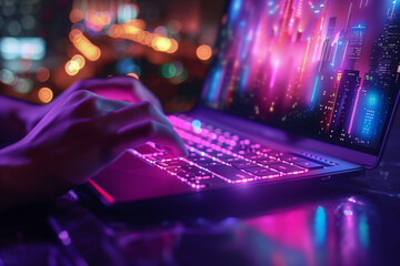 A close-up of a person's hands adjusting settings on a laptop for a virtual presentation. a person is typing on a laptop computer with neon lights on the keyboard