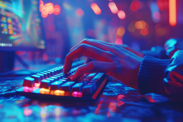 A close-up of a person's hands participating in an online coding challenge. Blue musician typing on...