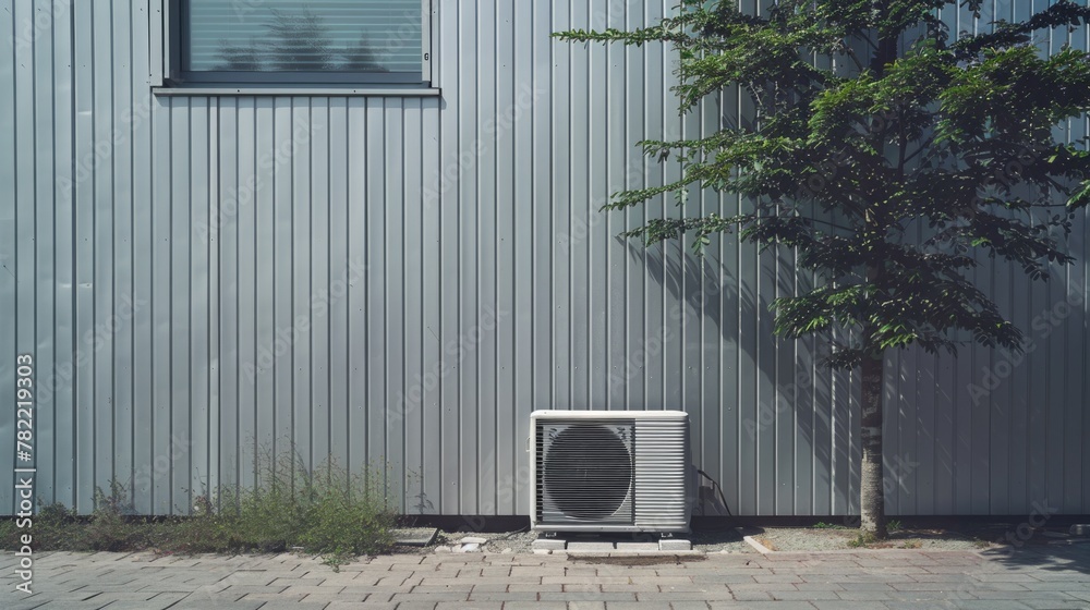 Poster a small air conditioner placed next to a tree, suitable for various outdoor settings