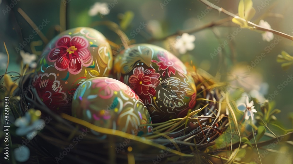 Poster colorful eggs in a nest on a tree branch, perfect for easter designs