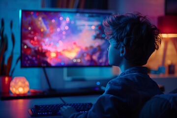 A group of students attending an online tutoring session for exam preparation. A young boy is having fun playing a video game on a flat panel display gadget