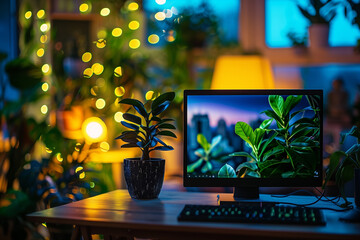 A person attending an online workshop on remote work-life balance. A computer monitor sits next to a potted plant on a desk