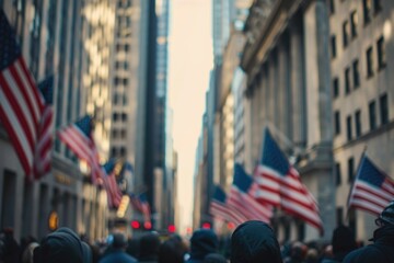 Patriotic Crowd on City Street with American Flags