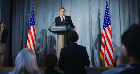 Presidential of USA candidate makes an announcement, delivers campaign speech, answers questions, gives interview to media. American republican politician performs at press conference. Election day. - obrazy, fototapety, plakaty