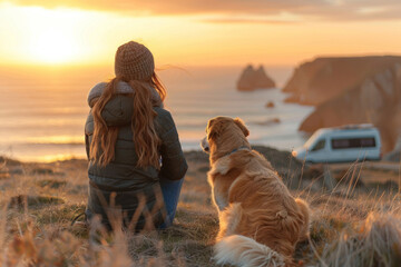 Serene Sunset Companionship - Woman with Dog Enjoying Ocean View